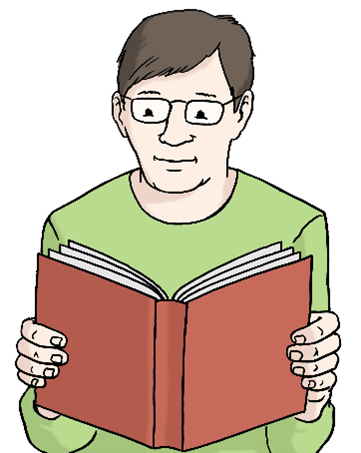 Ein Mann mit Brille hält ein rotes Buch aufgeschlagen vor seine Brust. Sein Blick ist im Buch.